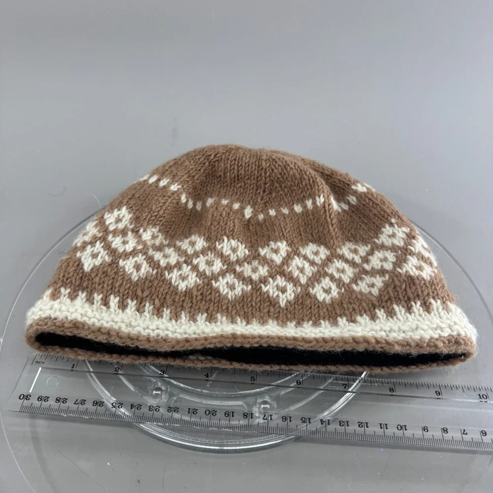 Feelgoodz Unisex Wool Beanie Hat Fair Isle Fleece Lined Nepal Brown White OS